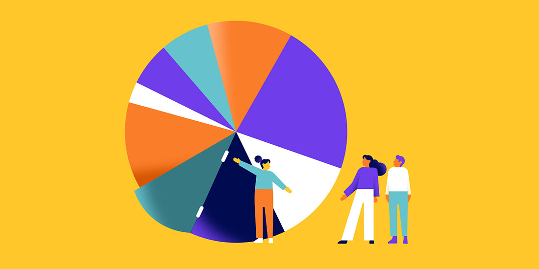 Person open the door to inside a pie chart to other people