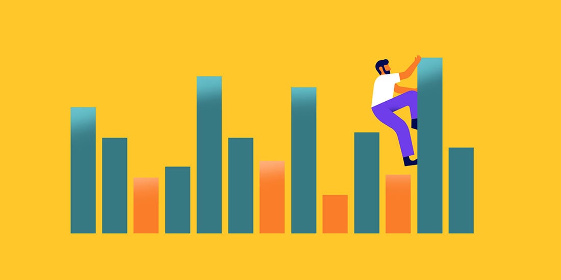 illustration of man climbing bar chart column