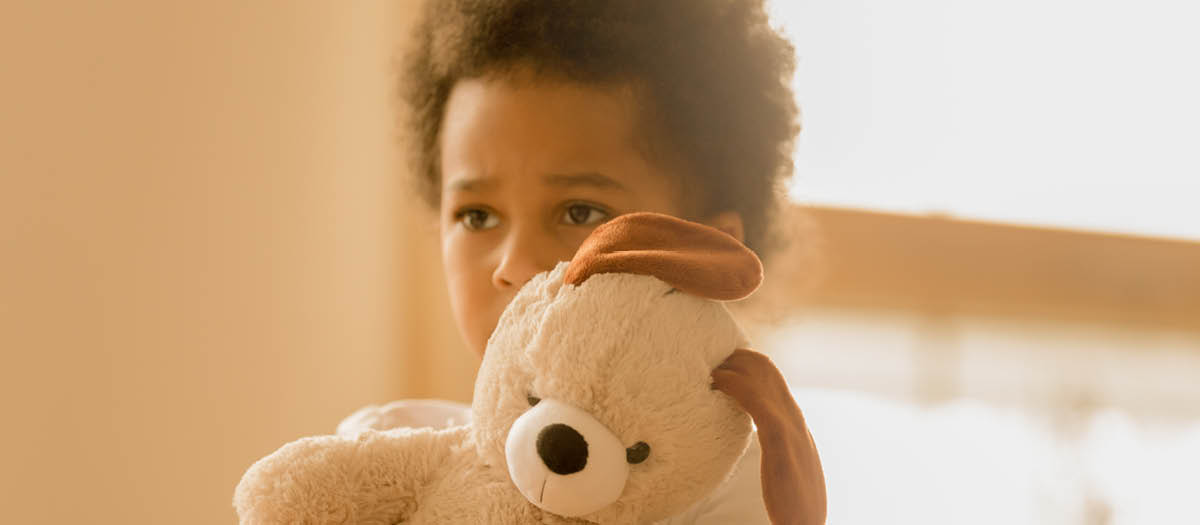 Small boy holding stuffed animals