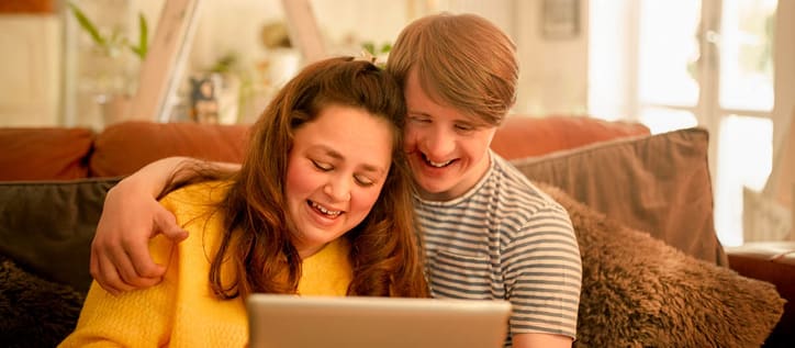 Mom and son looking at iPad