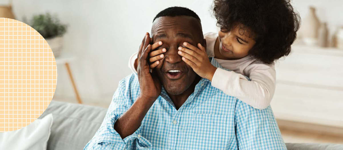 Daughter covering her dad's eyes with hands