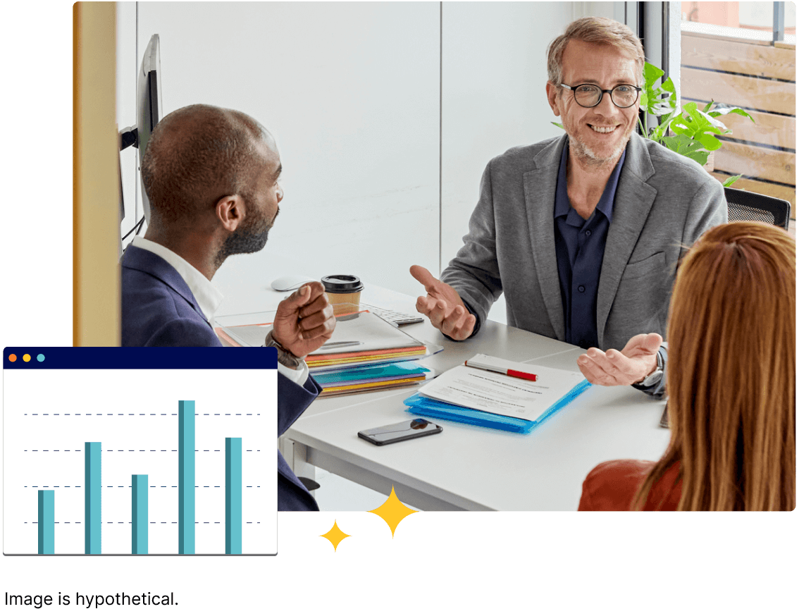 An advisor talking to colleagues and a bar chart illustration.