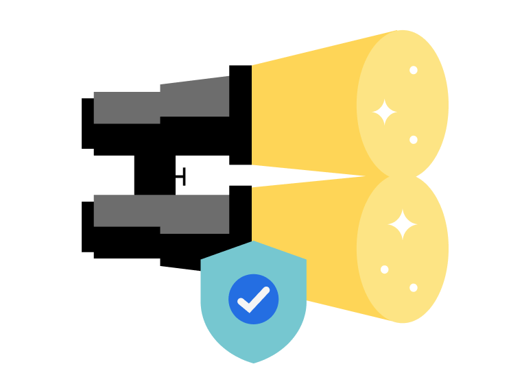 illustration of a pair of binoculars looking right with a shield underneath them