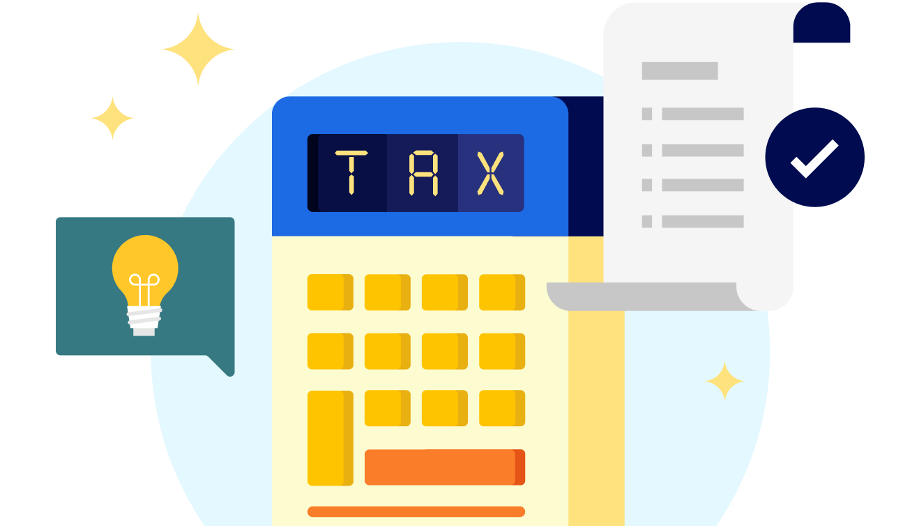 A calculator with the word tax on the screen, next to a speech bubble with a light bulb in it, and a document with a check mark.