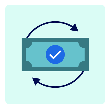 A cash bill with a check mark on it in the middle of rotating arrows.