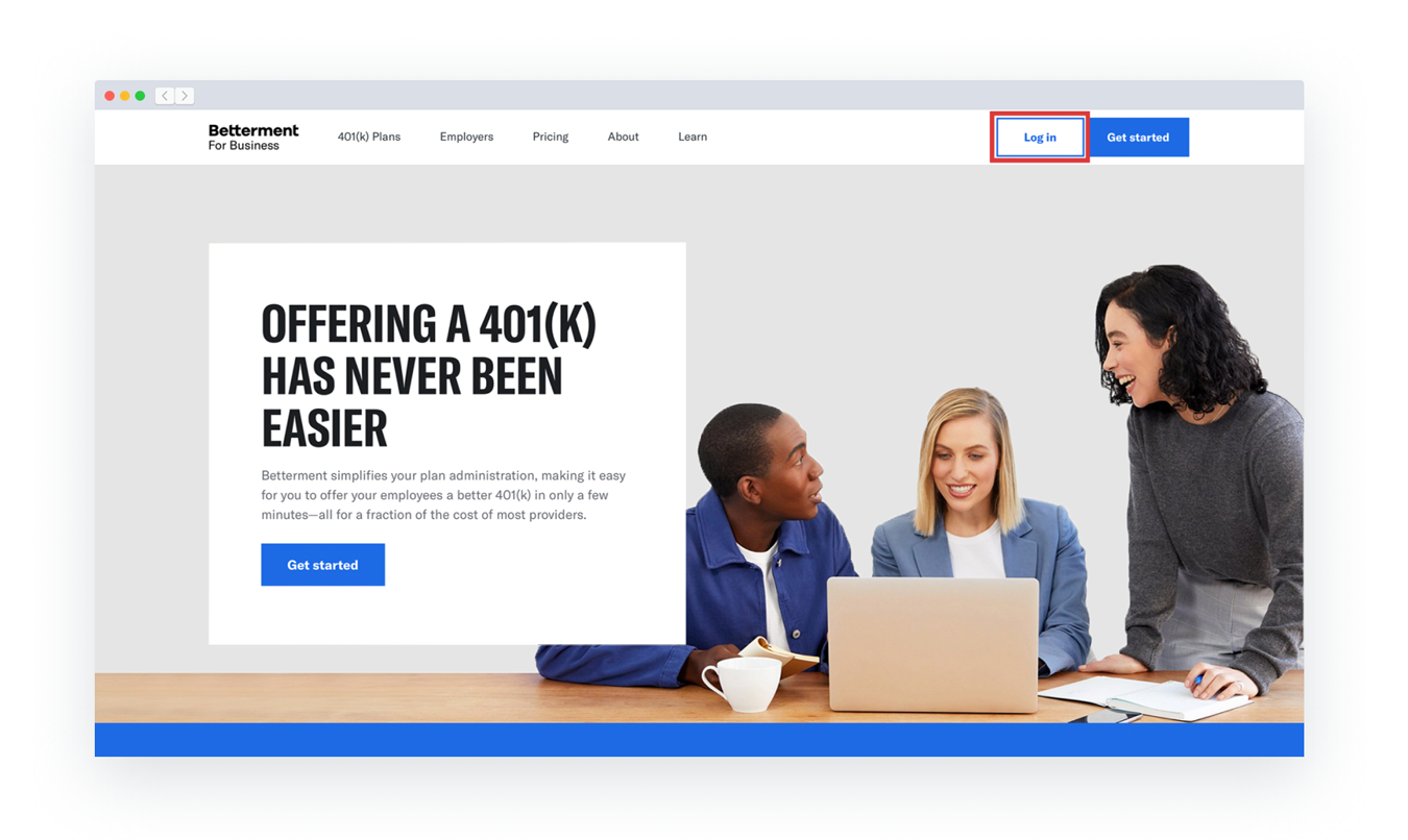 The Betterment 401k home page. The Log In button in the top right hand corner of the page is highlighted.