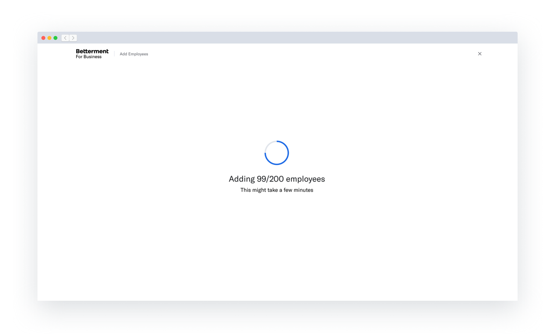 The fourth step of the Multiple Employee Upload flow. A loading page is shown while employees are added to the plan.