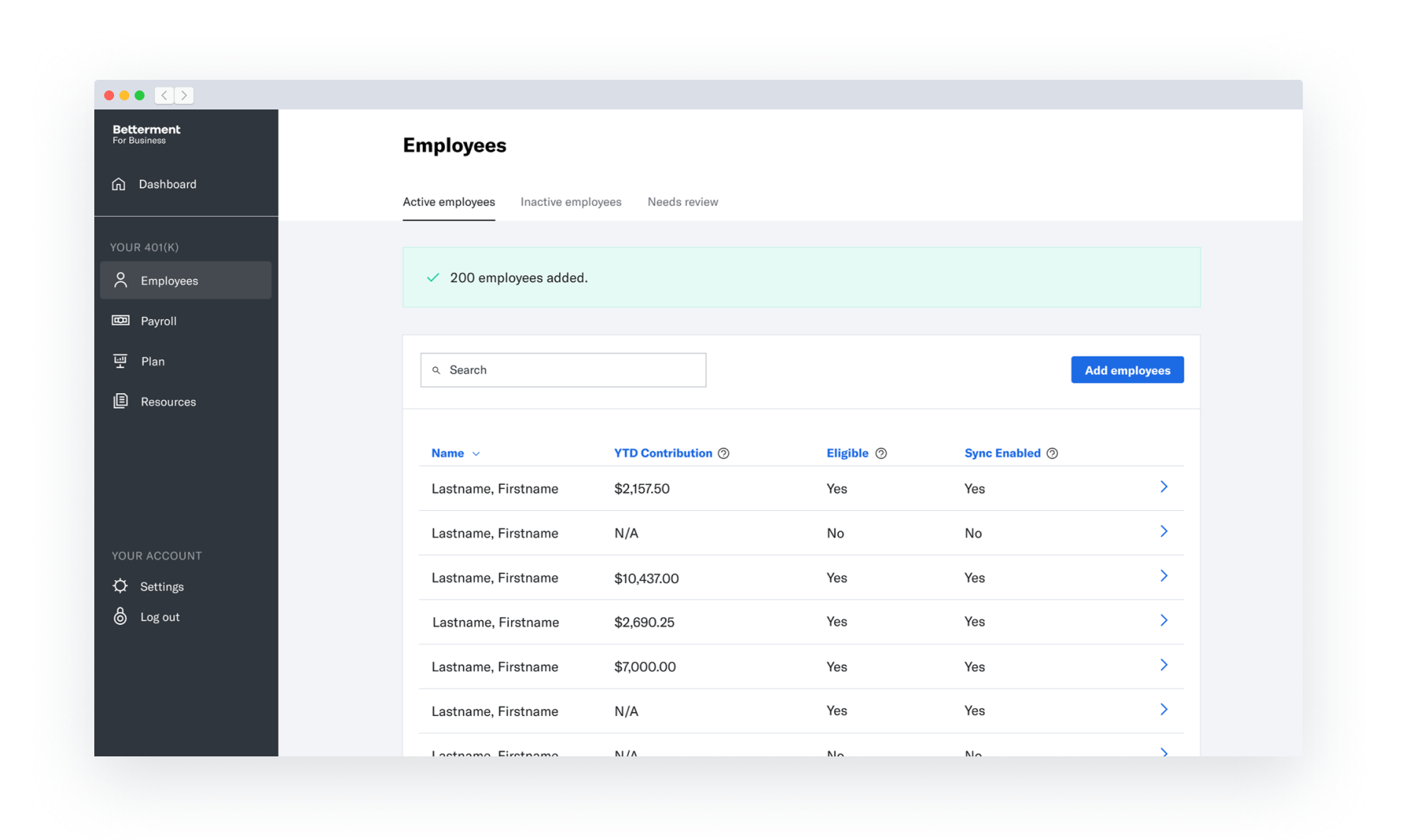 The Employees page of the Betterment 401k plan sponsor dashboard. A green success message is present at the top of the screen. All employees have been successfully added to the plan.