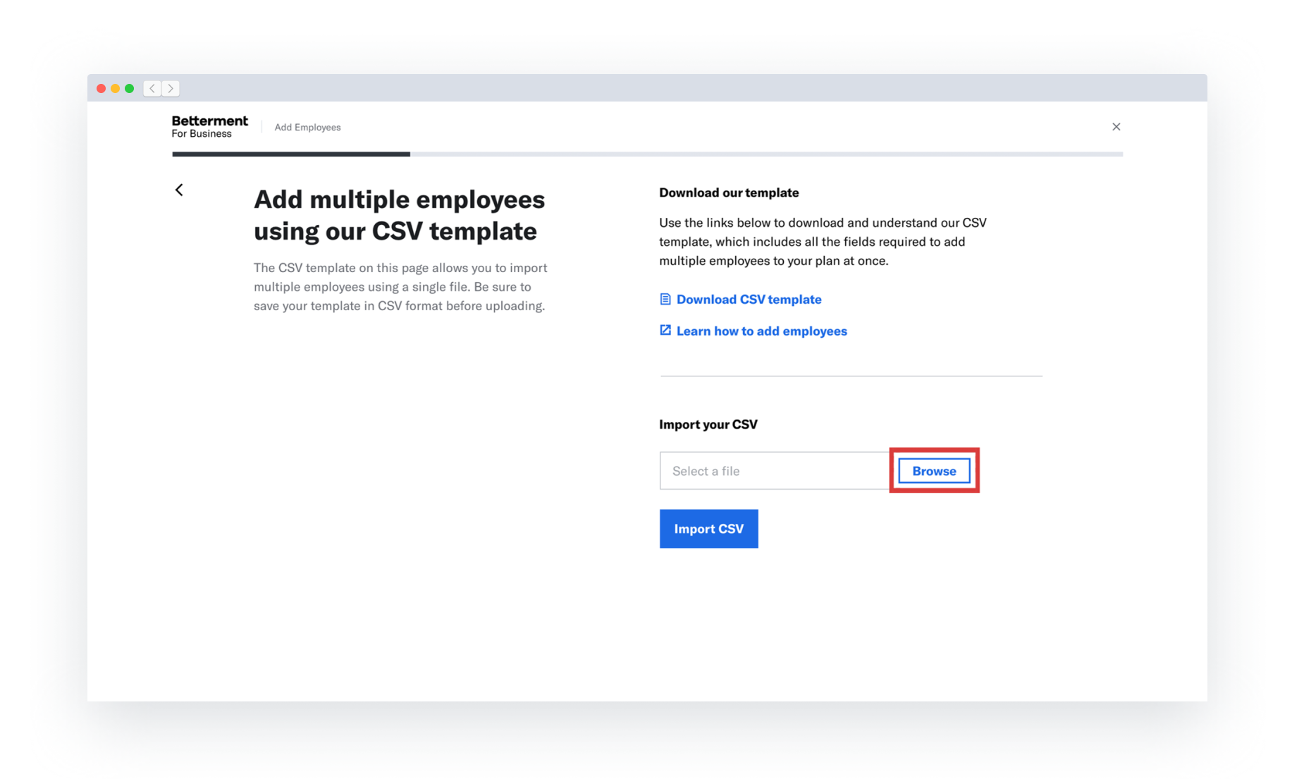 The second step of the Multiple Employee Upload flow. The Browse button is highlighted.