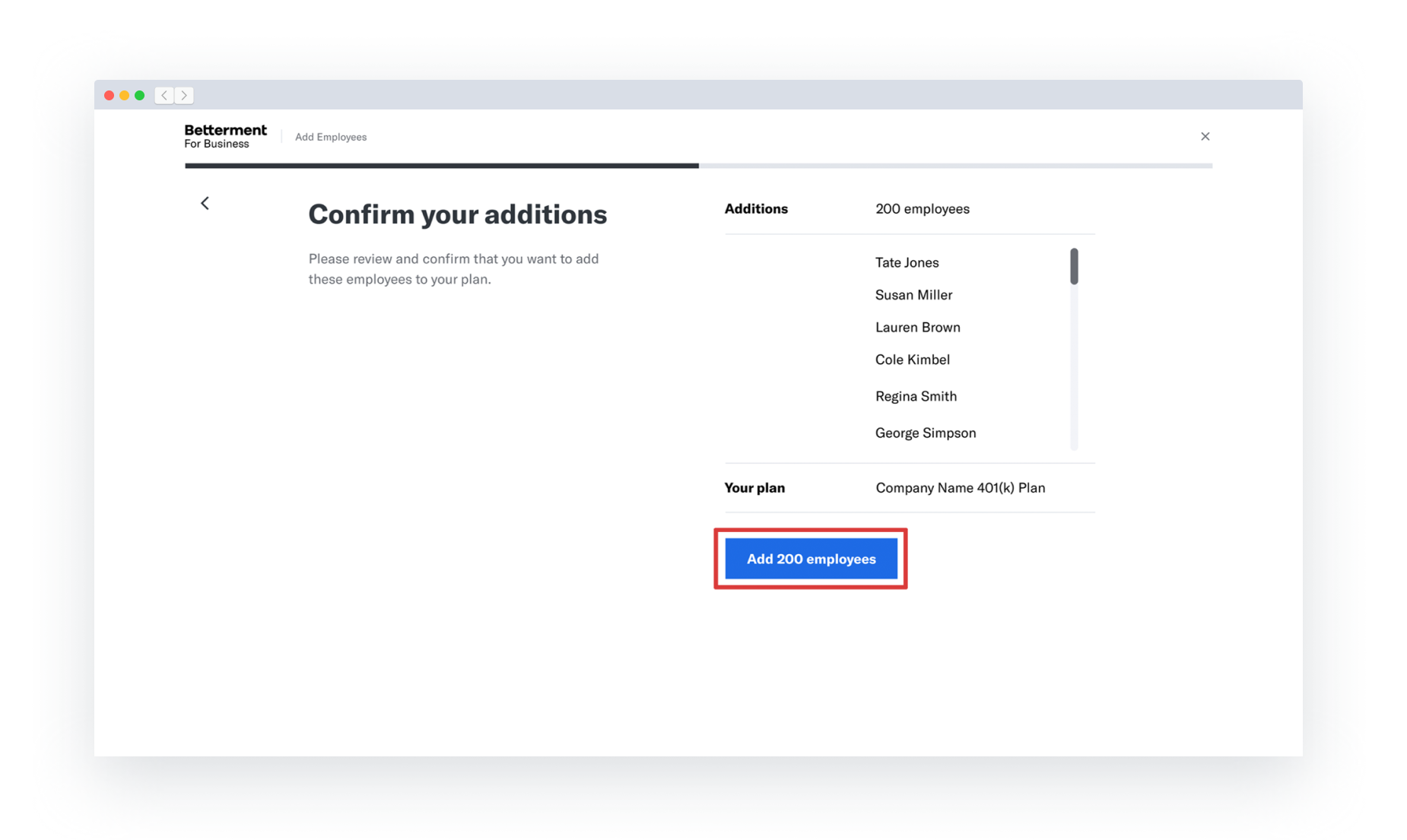 The third step of the Multiple Employee Upload flow. A list of all the newly created employees is visible. The Add employees button is highlighted.