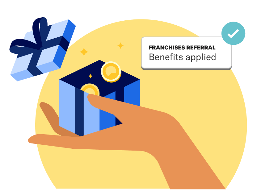 A hand holding a gift box with coins floating out of it, next to a card with a checkmark that says franchises referral benefits applied.