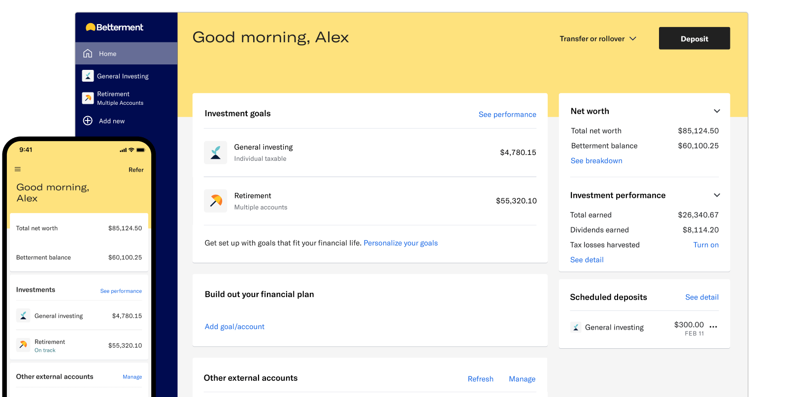 Betterment's web desktop and native mobile dashboard screens.