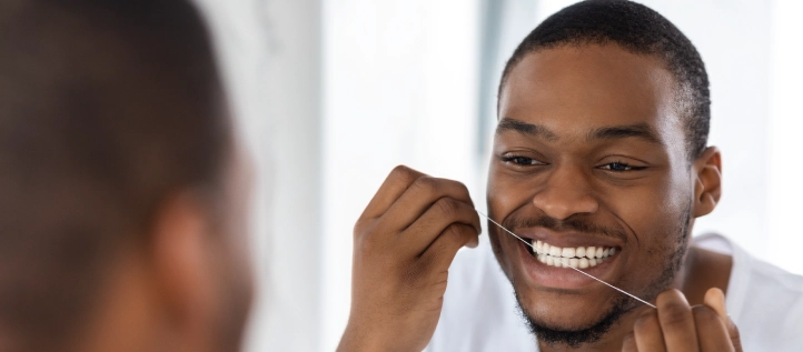 Male flossing his teeth while looking in the mirror