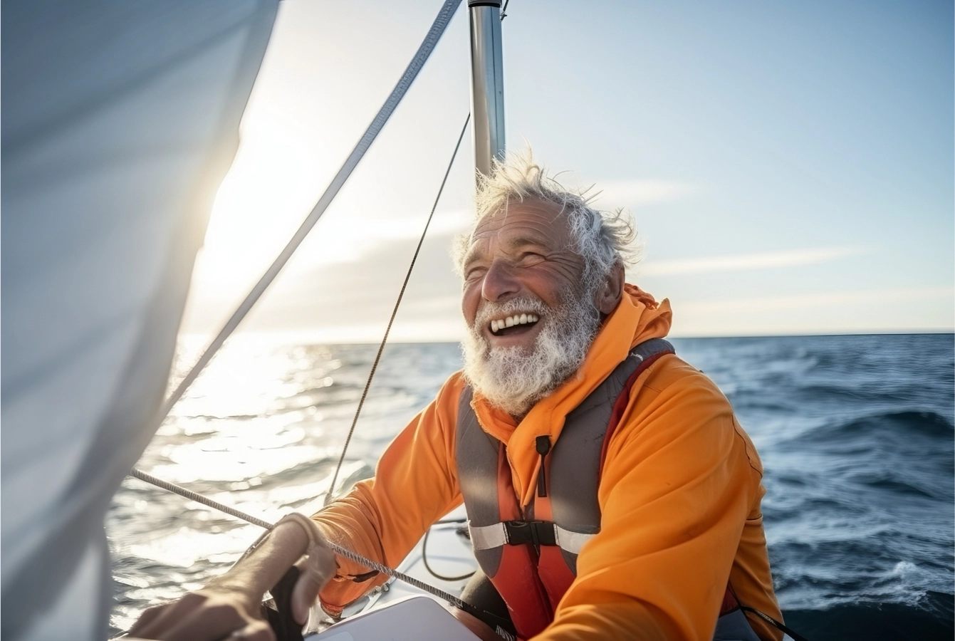 An older man sailing with a joyous smile and enjoying retirement with Spirit Dental & Vision insurance