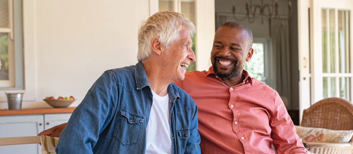 Two men sitting outside laughing together